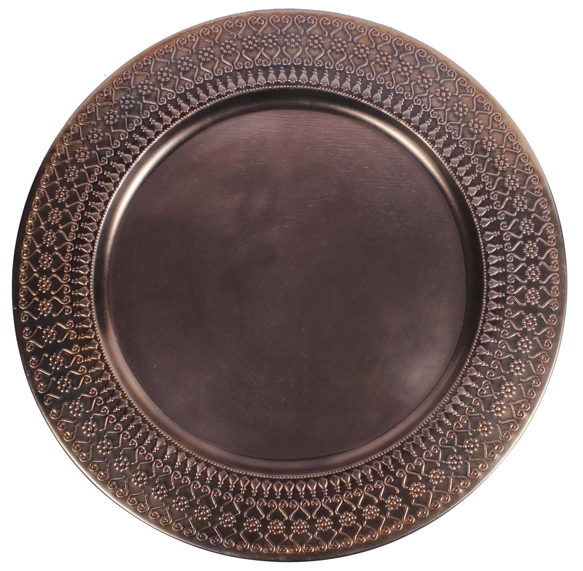 Buy in Bulk Wholesale Decorative 12” Round Iron Tray - Antique-Copper Color - Hand-Engraved Serving Tray with Traditional Motifs - Home Decor/Kitchen Essentials